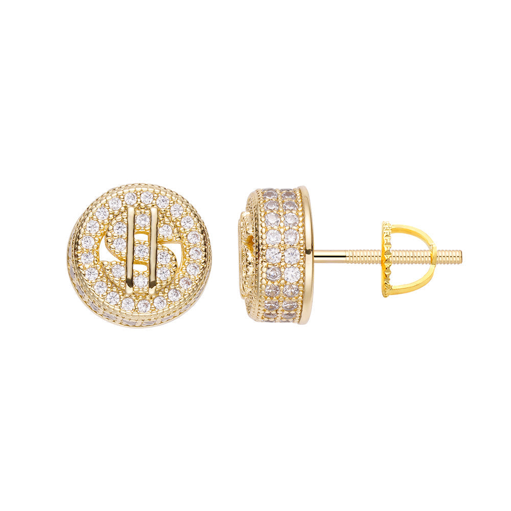 Gold dollar sign cluster earring shown front and side angle with crystal details