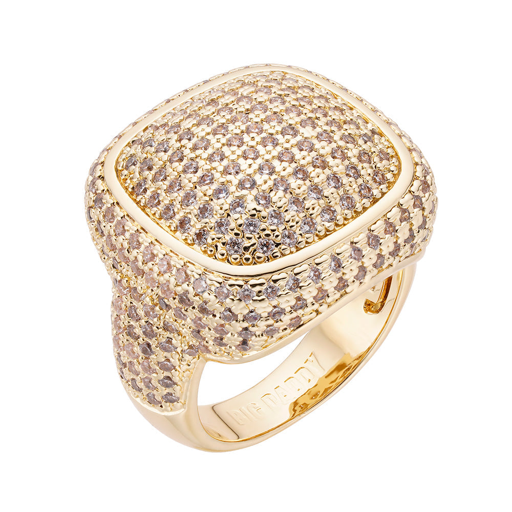Big Daddy clustered iced out diamond ring with dome cushion face and pave diamond setting in gold