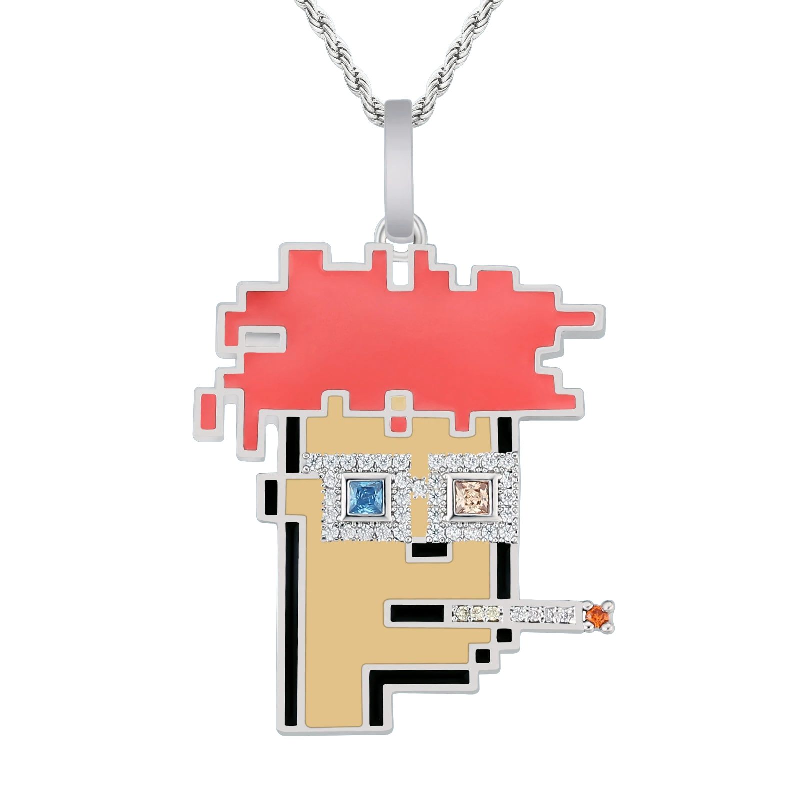 Big Daddy Cryptopunk NFT pendant with red hair, beige face, and crystal-embellished details on silver chain