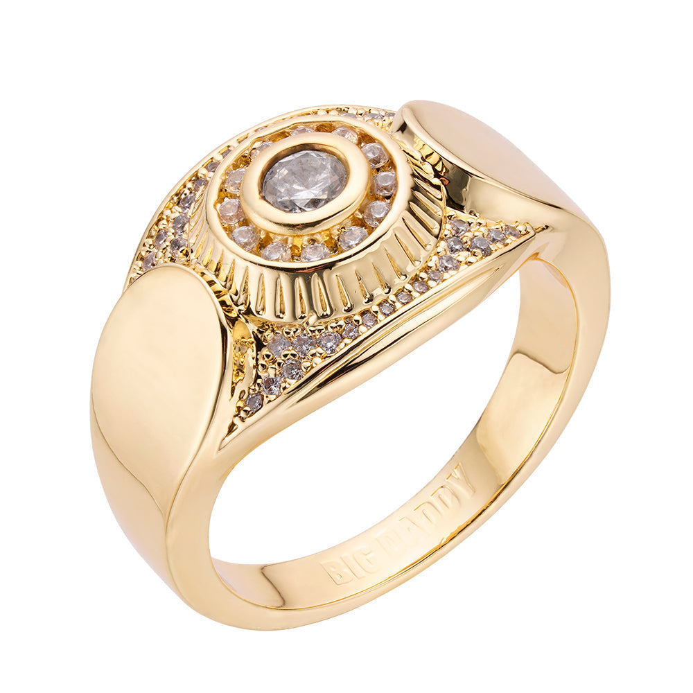Gold iced out signet ring with center diamond and pave diamond halo setting