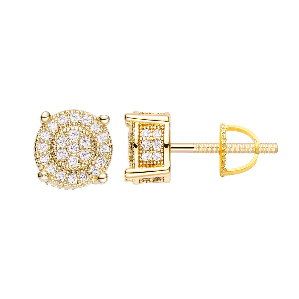 Gold diamond stud earring shown from multiple angles with secure push-back setting