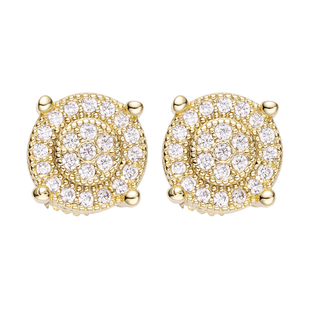 Pair of Big Daddy gold diamond stud earrings with iced-out design and round cluster setting