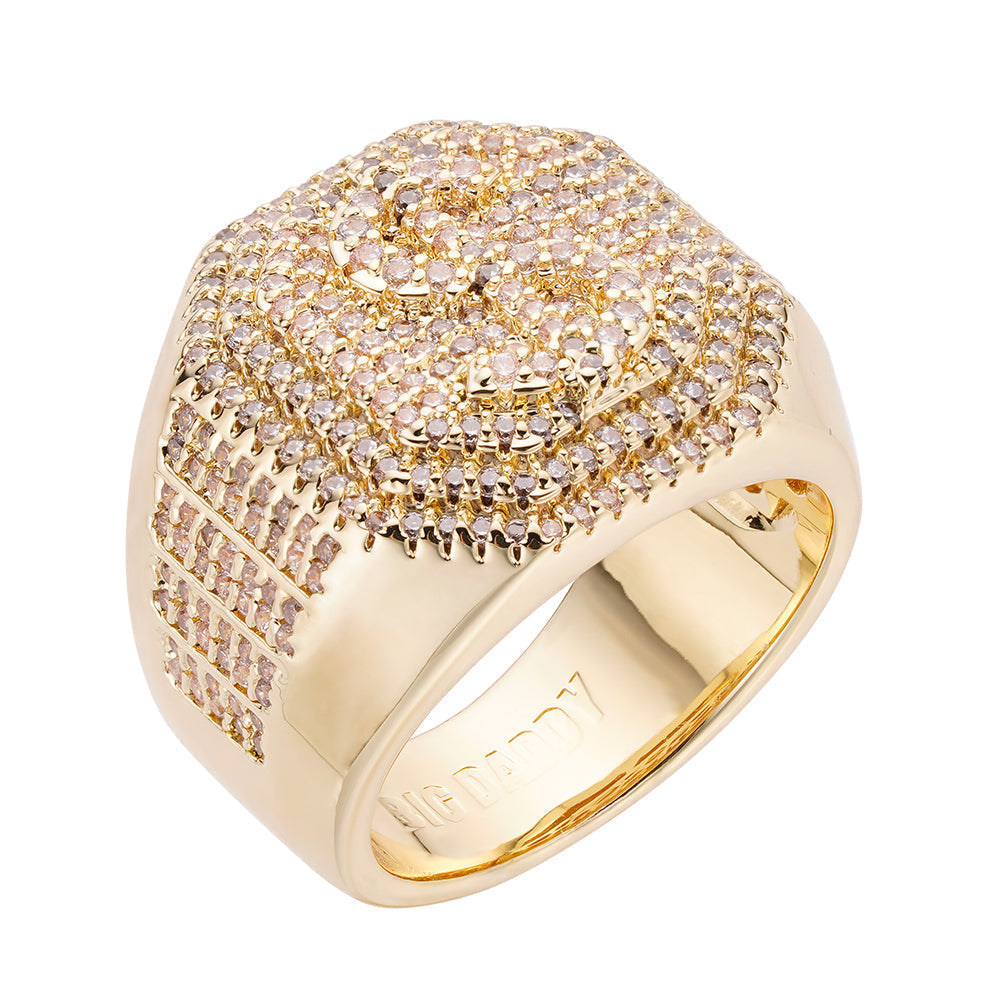 Big Daddy Dollar Sign Iced Out Ring with dollar sign design and crystal pavé in gold-tone