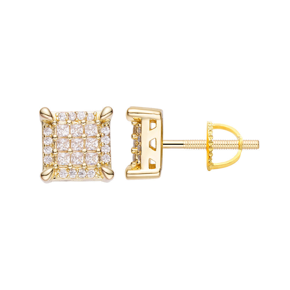 Gold emerald cut iced out diamond earring with screw-back post, front and side view