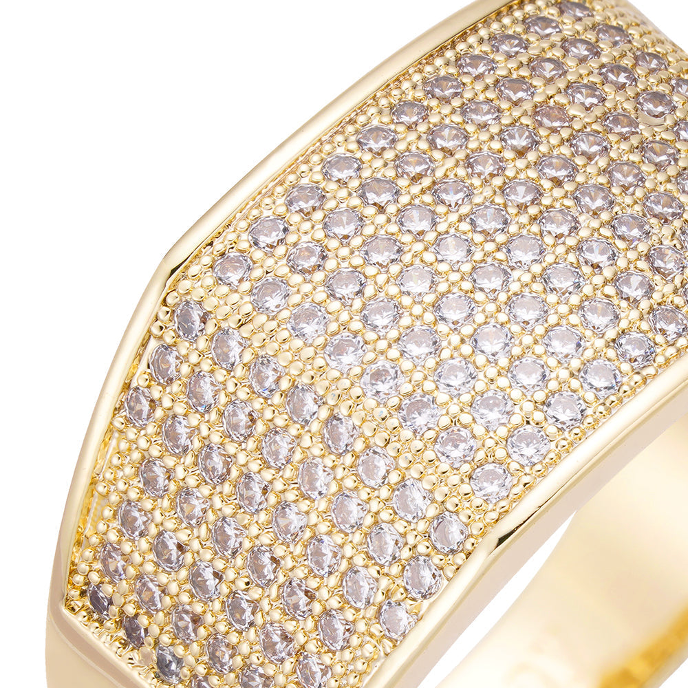 Close-up detail of iced-out diamond cubic zirconia pave setting on ring top