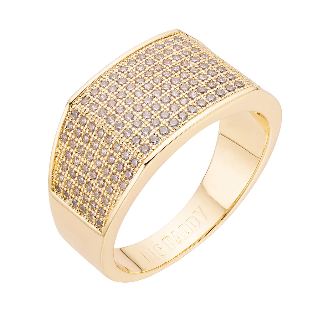 Gold men's ring with diamond pave top surface and smooth polished band