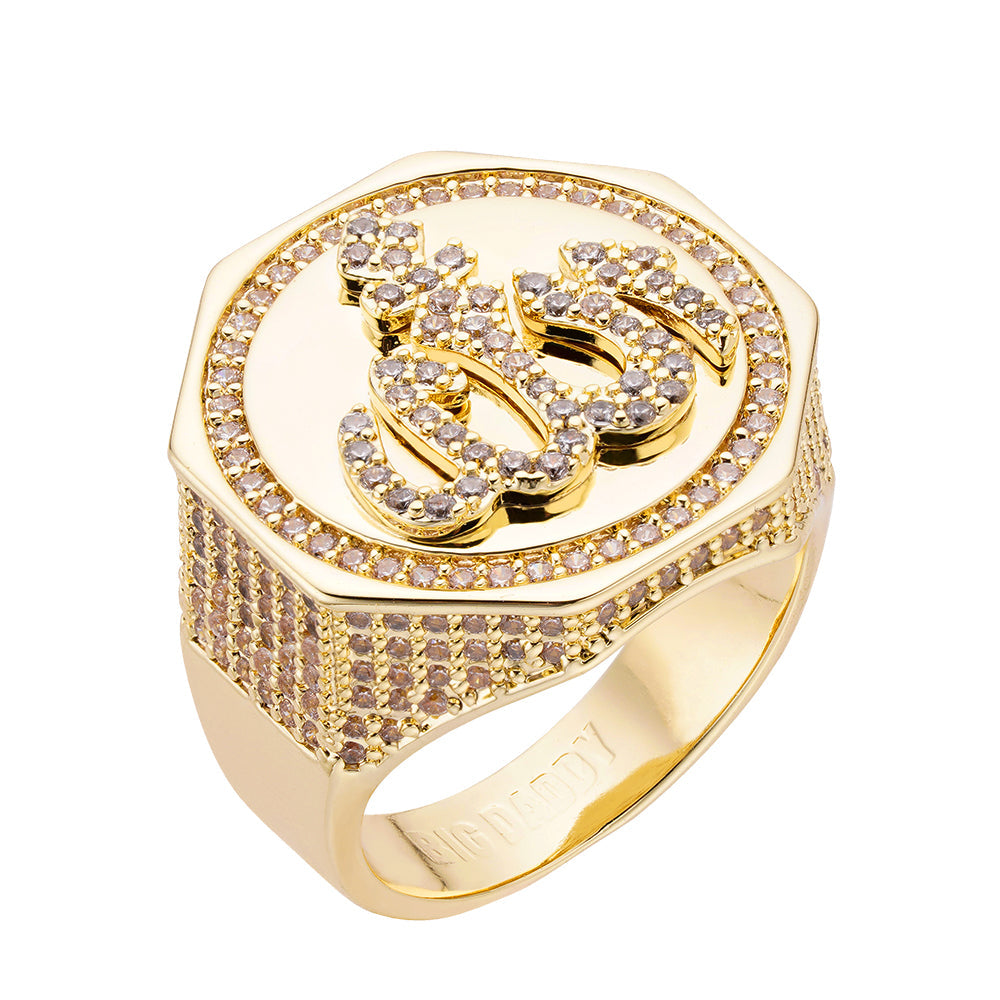 Gold-tone iced out diamond ring with God and Allah text design