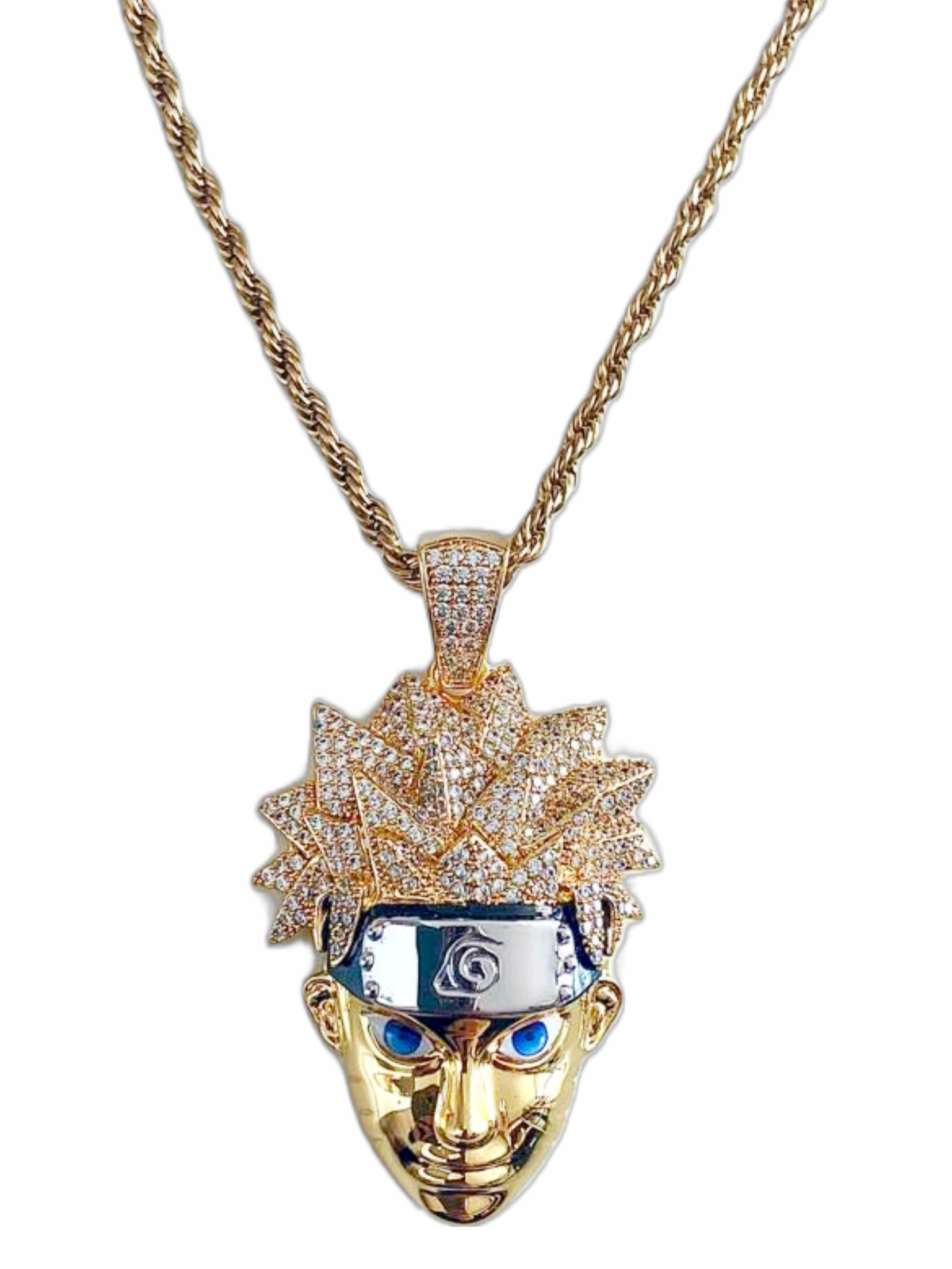 Gold plated Naruto pendant with iced out spiky hair, blue eyes and character face on chain