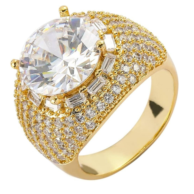 Big Daddy iced out cluster gold ring with oval center stone and pave diamonds
