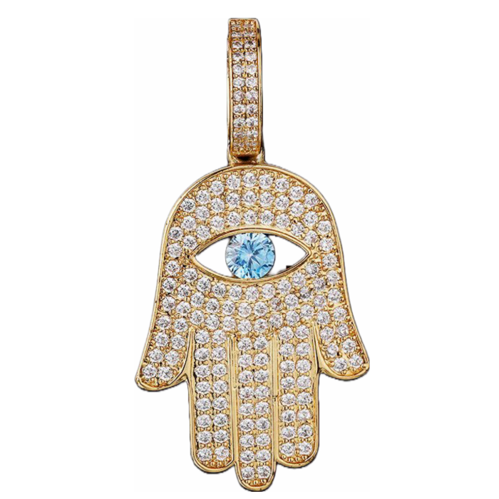 Gold-tone iced out hamsa hand pendant with blue crystal eye and cubic zirconia diamonds