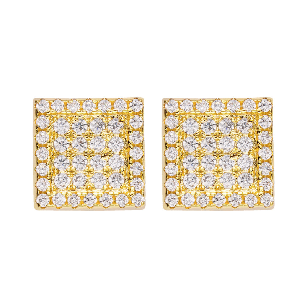 Pair of gold-plated square iced out earrings with diamond pave setting
