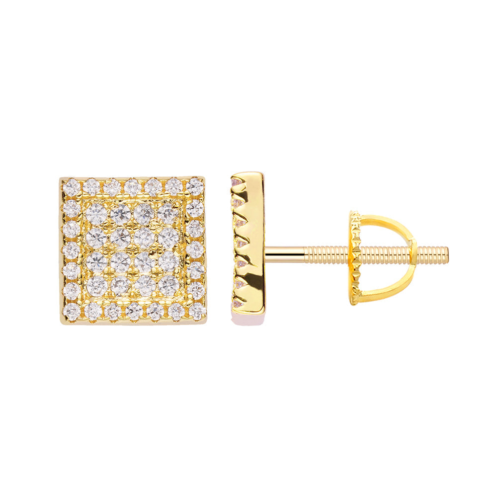 Gold square stud earrings with iced out cubic zirconia pave and screw-back posts