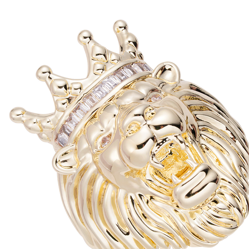 Lion ring three-quarter view showing crown diamonds and gold detailing