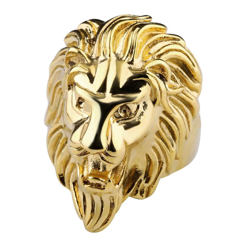 Gold lion head ring with detailed mane and prominent heart design on face