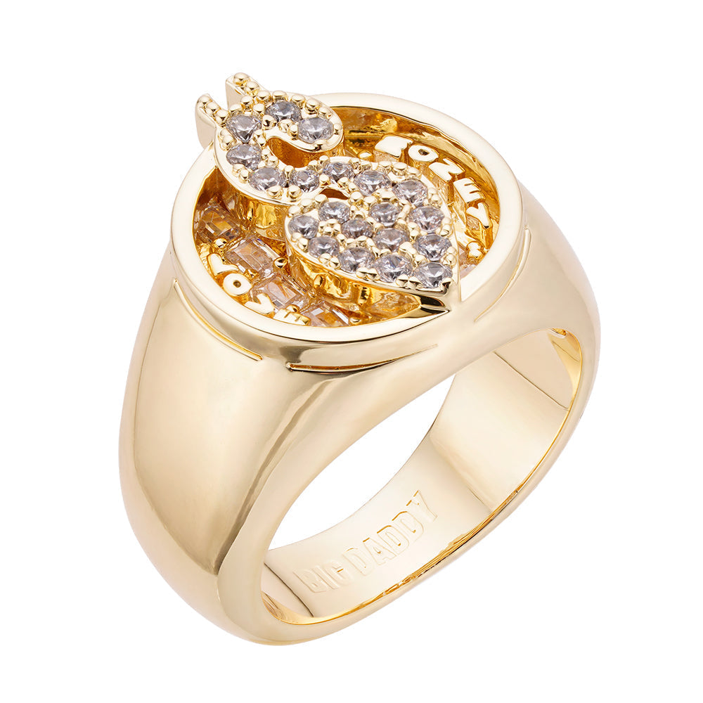 Big Daddy Love Money iced out diamond ring with gold plating and cubic zirconia stones