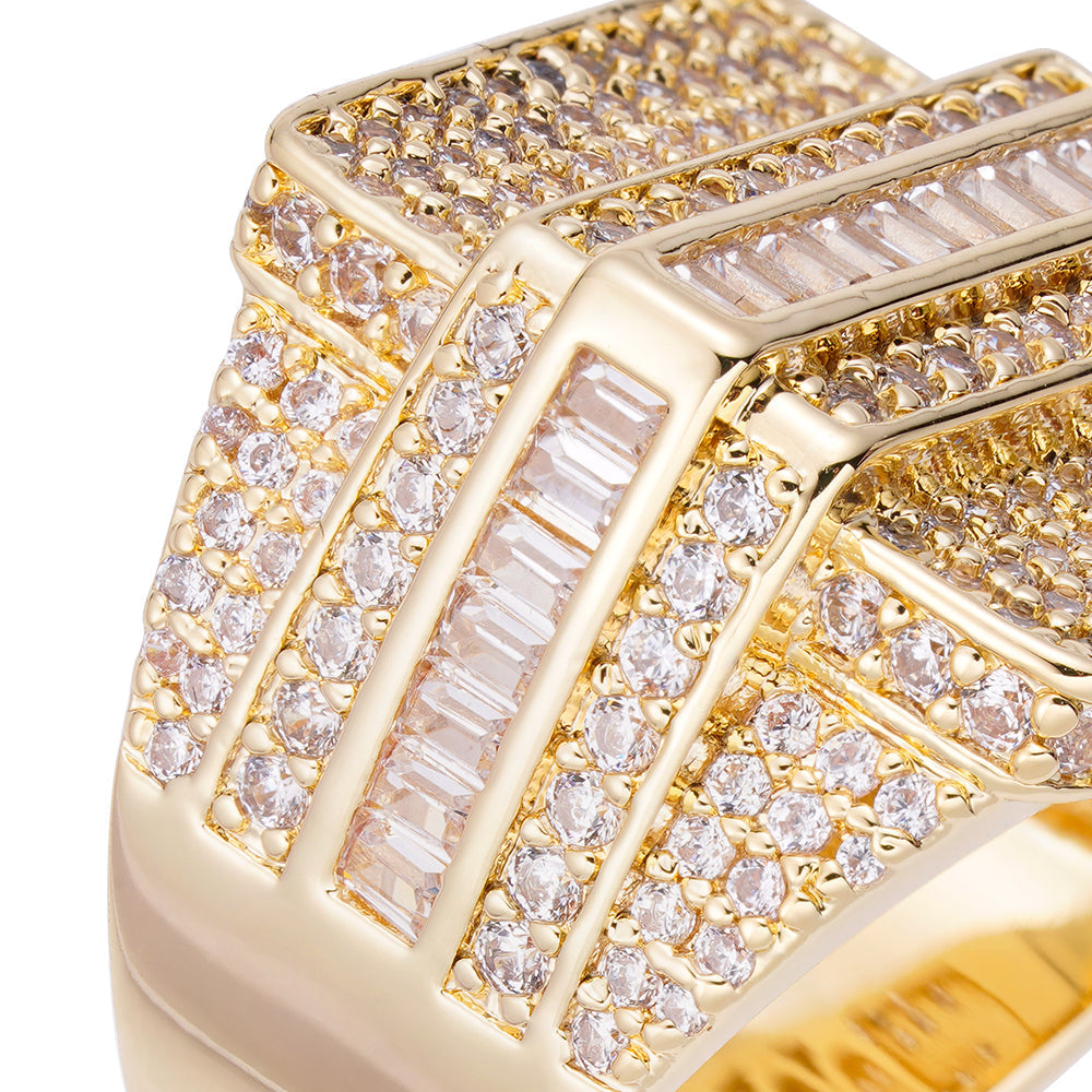 Close-up angled view of diamond-encrusted ring showing baguette and round-cut stone arrangement