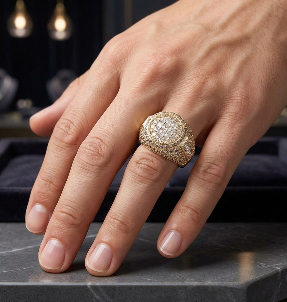 Gold iced out baguette ring worn on hand, styling shot
