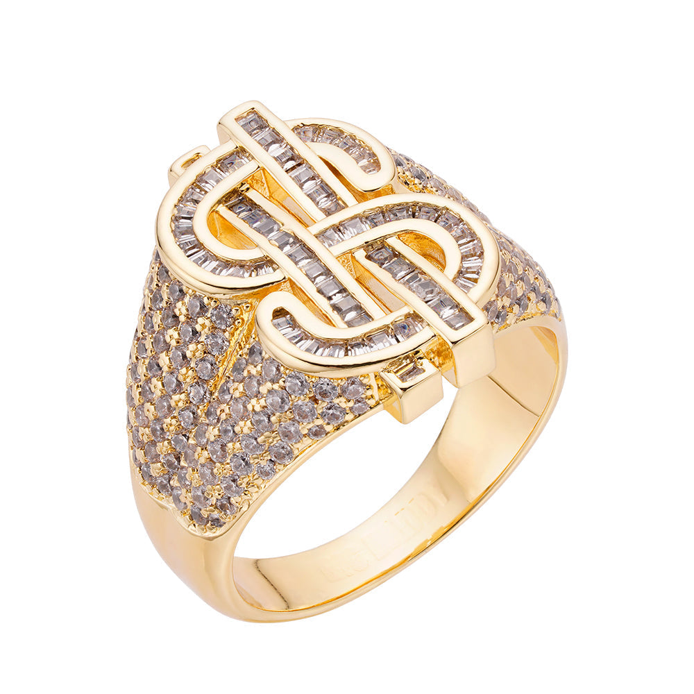 Gold-tone dollar sign ring with iced out cubic zirconia crystals and baguette accents