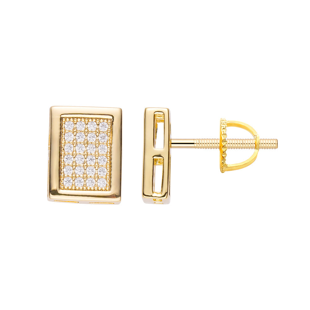 Gold square pave diamond earrings with stud backing, front and side view