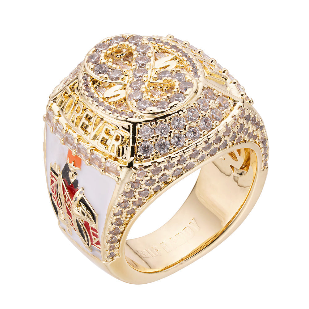 Gold baguette iced out diamond ring with diamond pave and 'Rich Forever' insignia