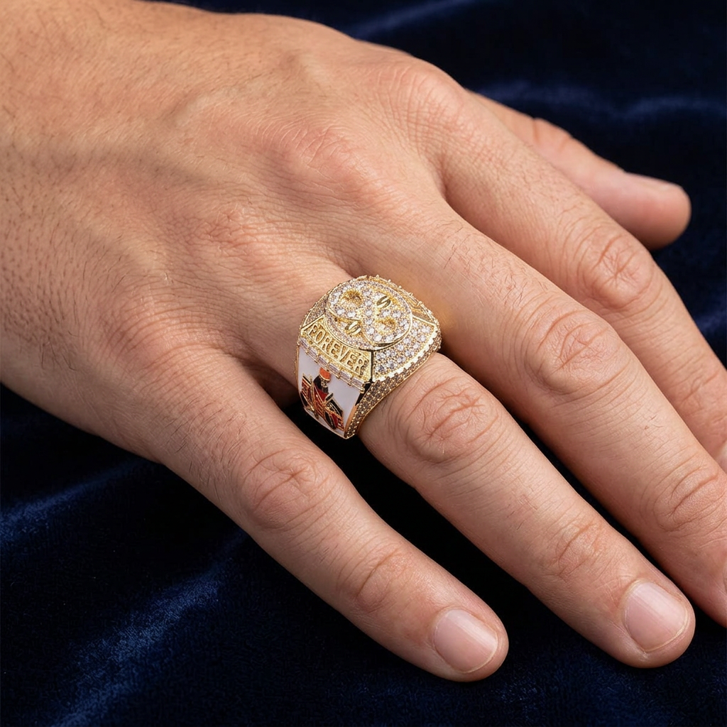 Gold diamond ring worn on hand showing full iced out baguette design