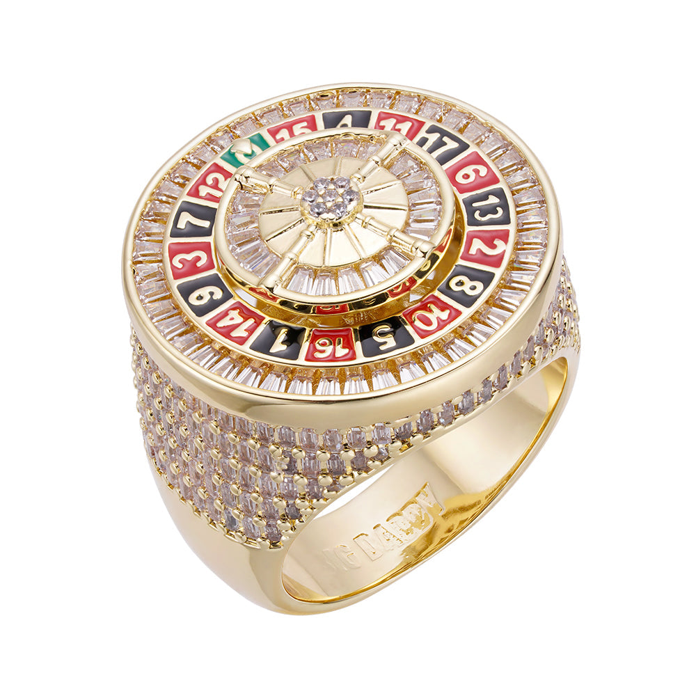 Gold roulette wheel ring with baguette diamonds and colorful enamel wheel bezel, front view