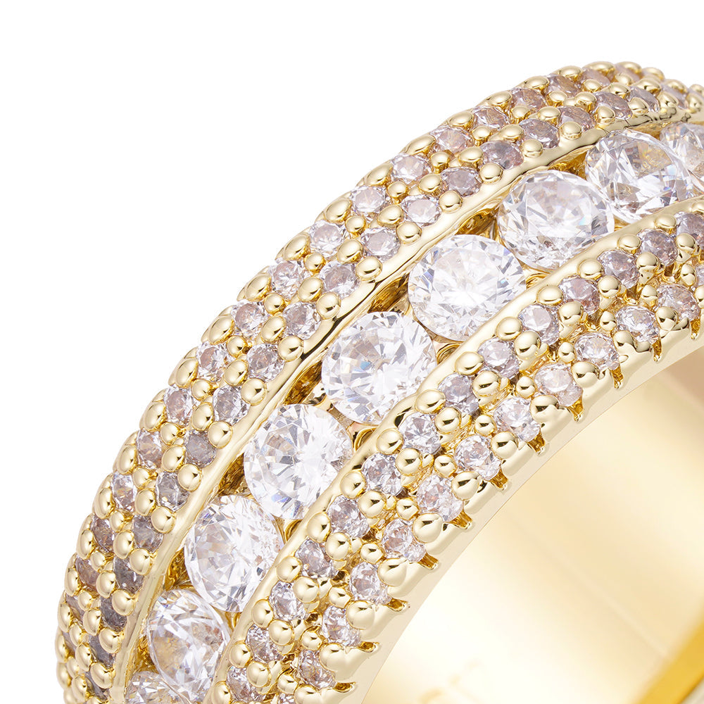 Close-up angled view of iced out diamond ring showing stone detail