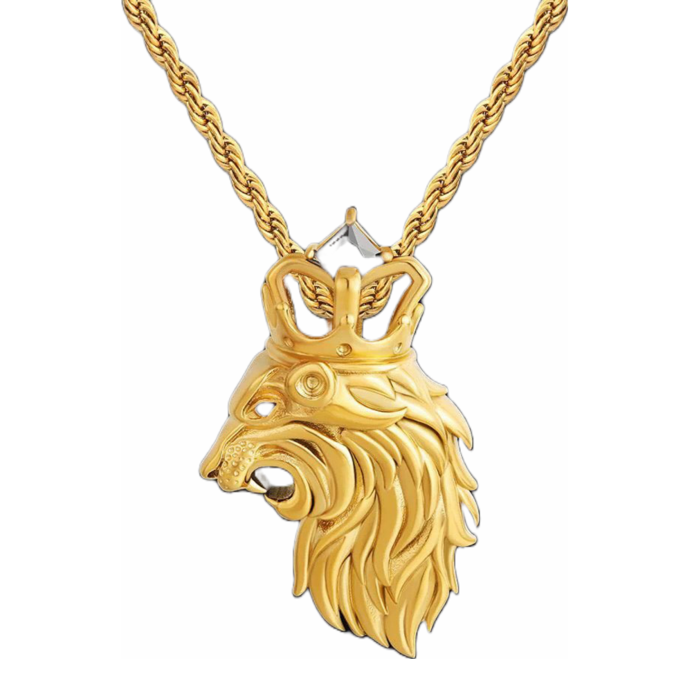 Gold lion head pendant with crown, detailed mane and side-facing profile on chain