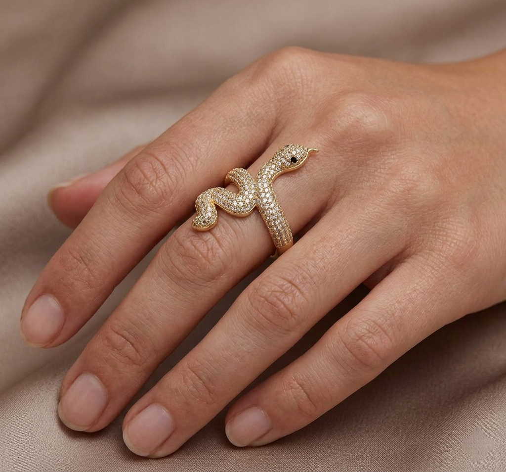 Big Daddy snake diamond ring worn on finger, gold serpent band