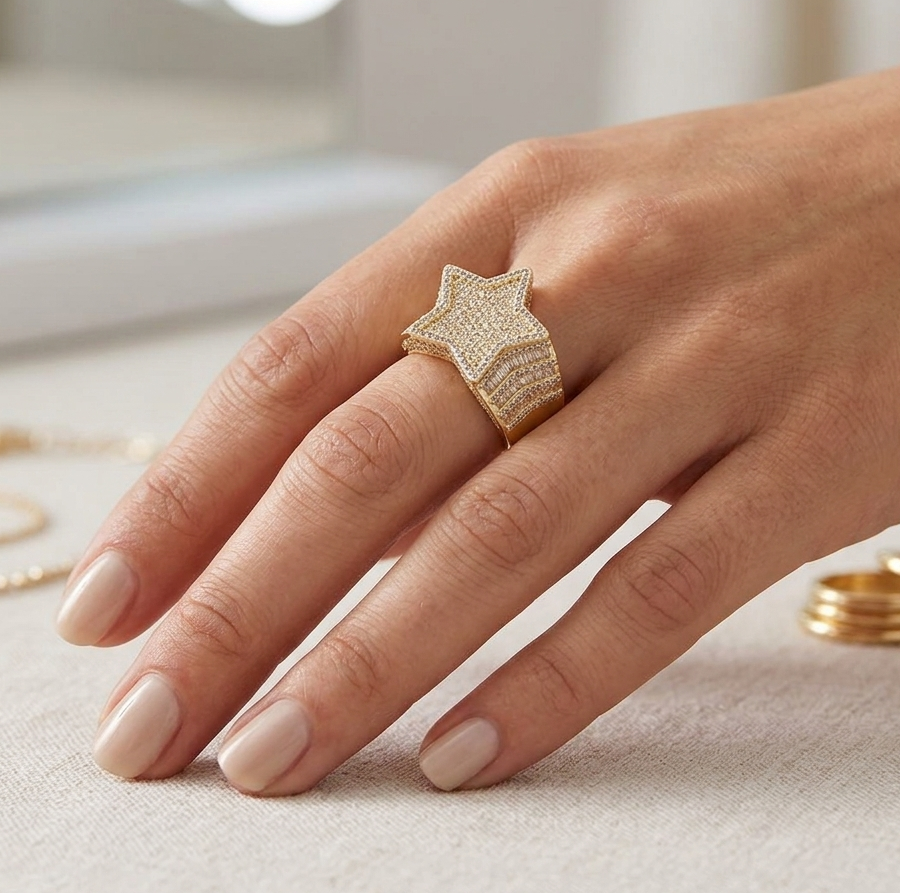 Big Daddy Big Star diamond ring worn on hand showing star-shaped design