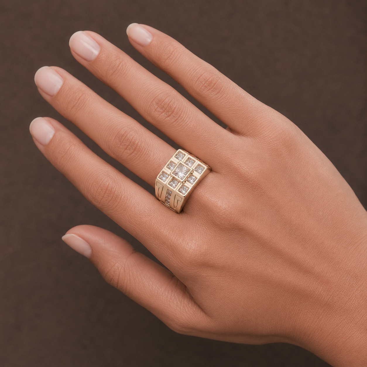 Big Daddy Stellar diamond ring worn on hand displaying grid pattern iced-out design
