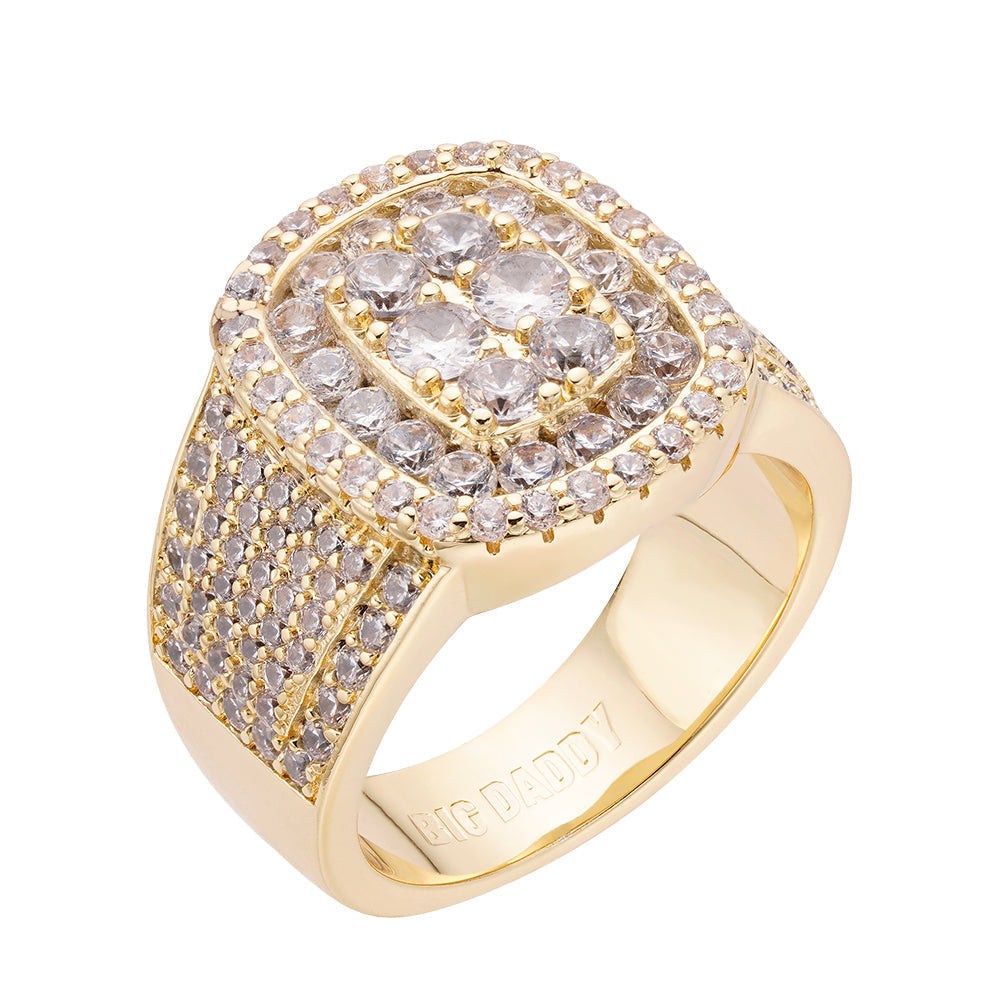 Gold plated ring with cushion design and iced out cubic zirconia crystals