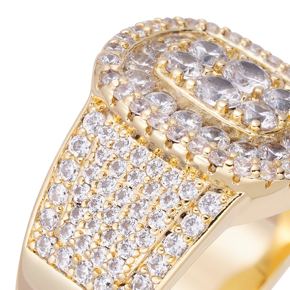 Close-up of ring's crystal detail and gold band setting