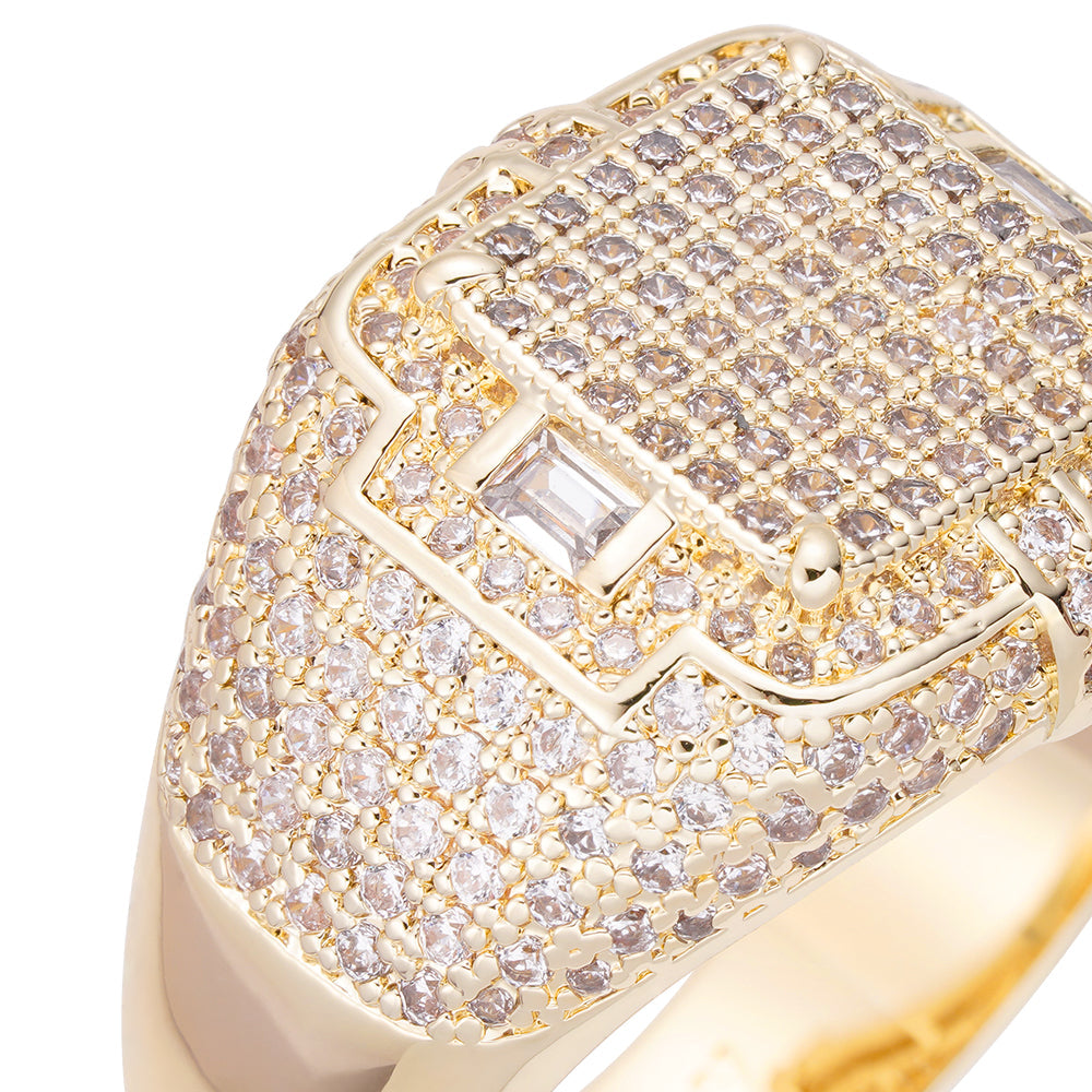 Close-up angle view of full diamond cluster face with center stone detail