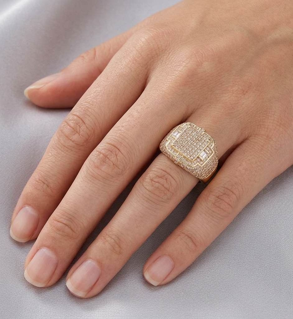 Iced out ring worn on hand showing full diamond cluster and gold band