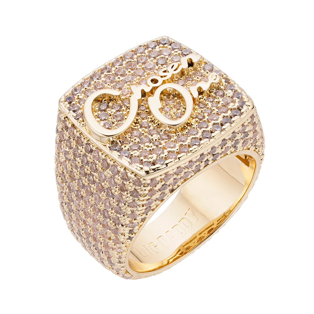 Big Daddy The Chosen One iced out ring with pavé cubic zirconia and gold logo detail