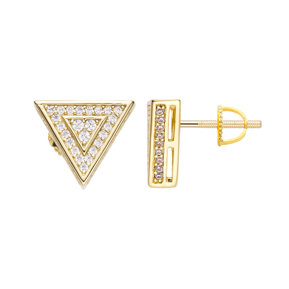Gold triangle diamond stud earrings, front and side view showing iced out design