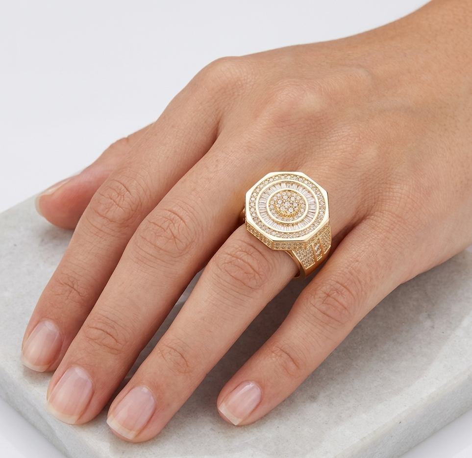 Big Daddy Zenith baguette diamond ring worn on hand showing octagonal octagon design