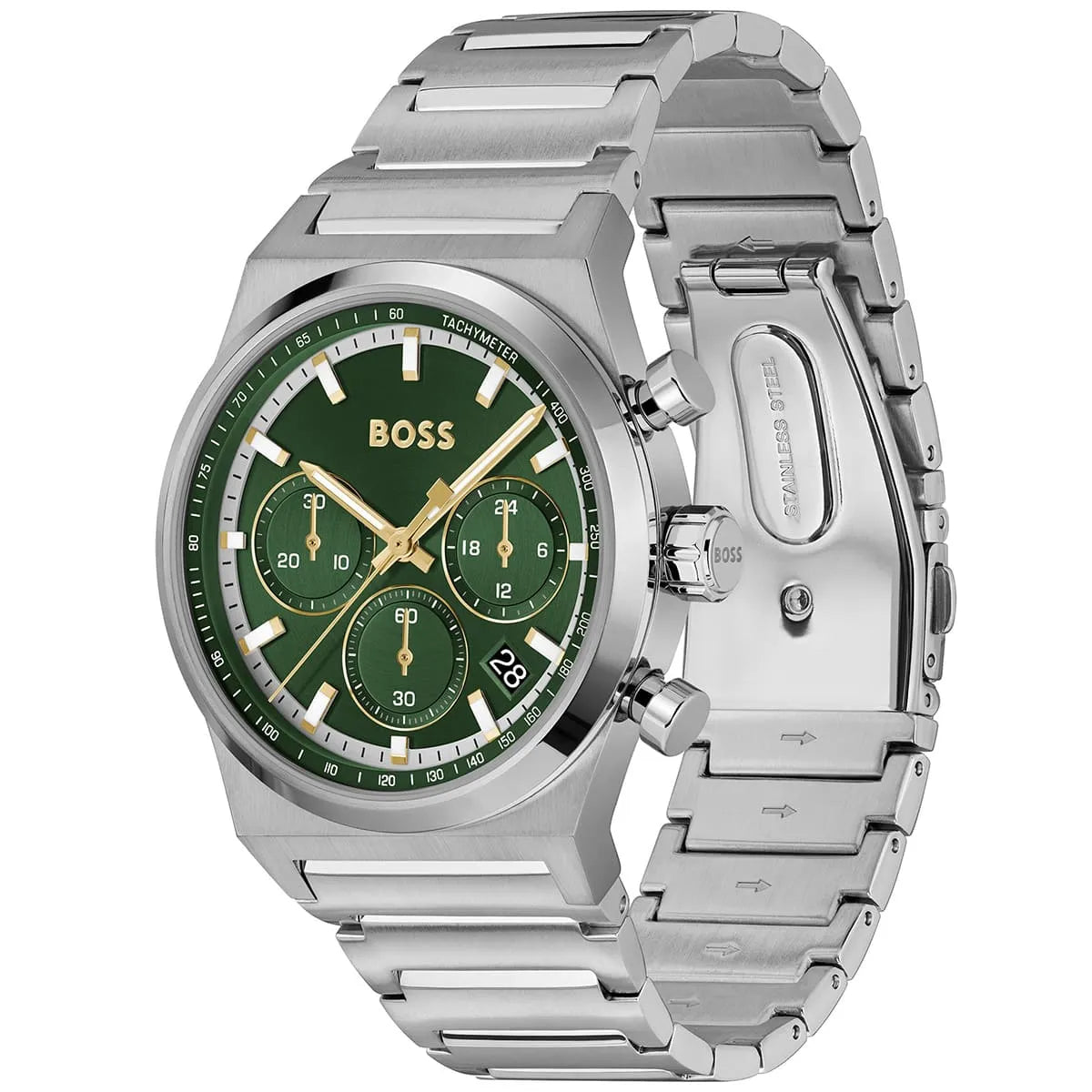 BOSS green dial chronograph watch showing side profile and stainless steel bracelet