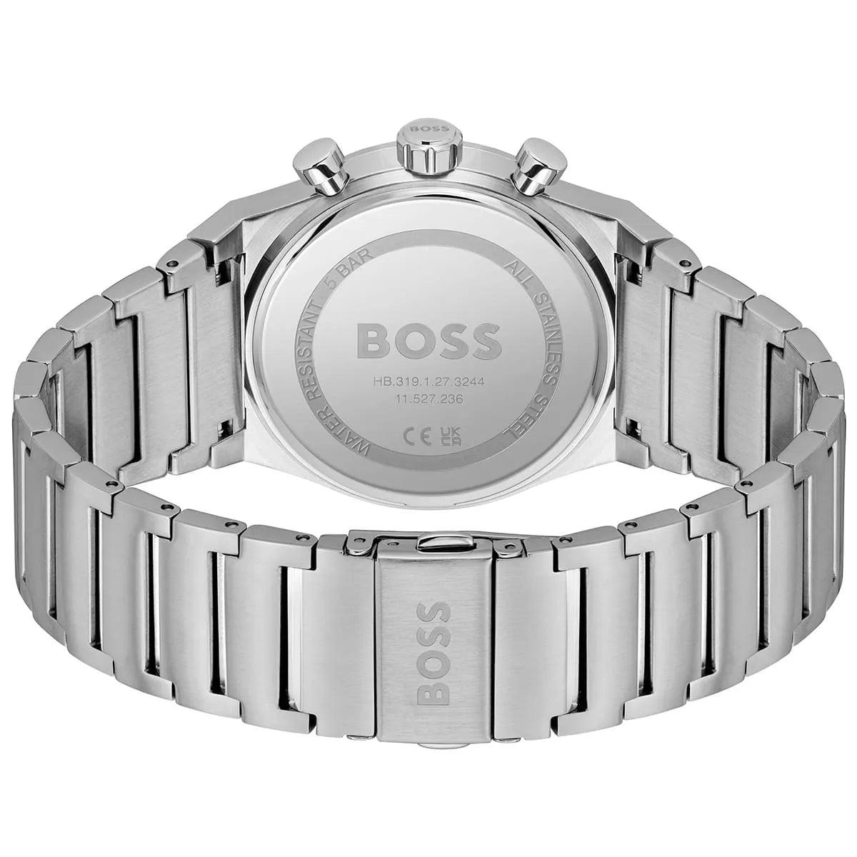 BOSS watch caseback showing stainless steel engraving and bracelet