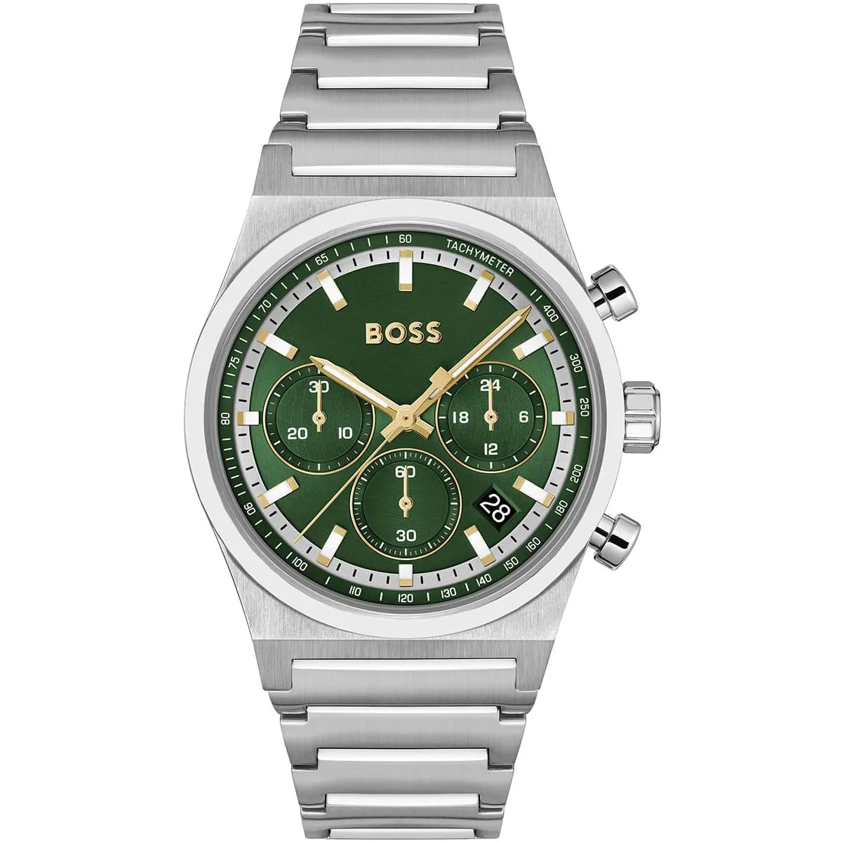 BOSS men's chronograph watch with dark green dial and stainless steel bracelet