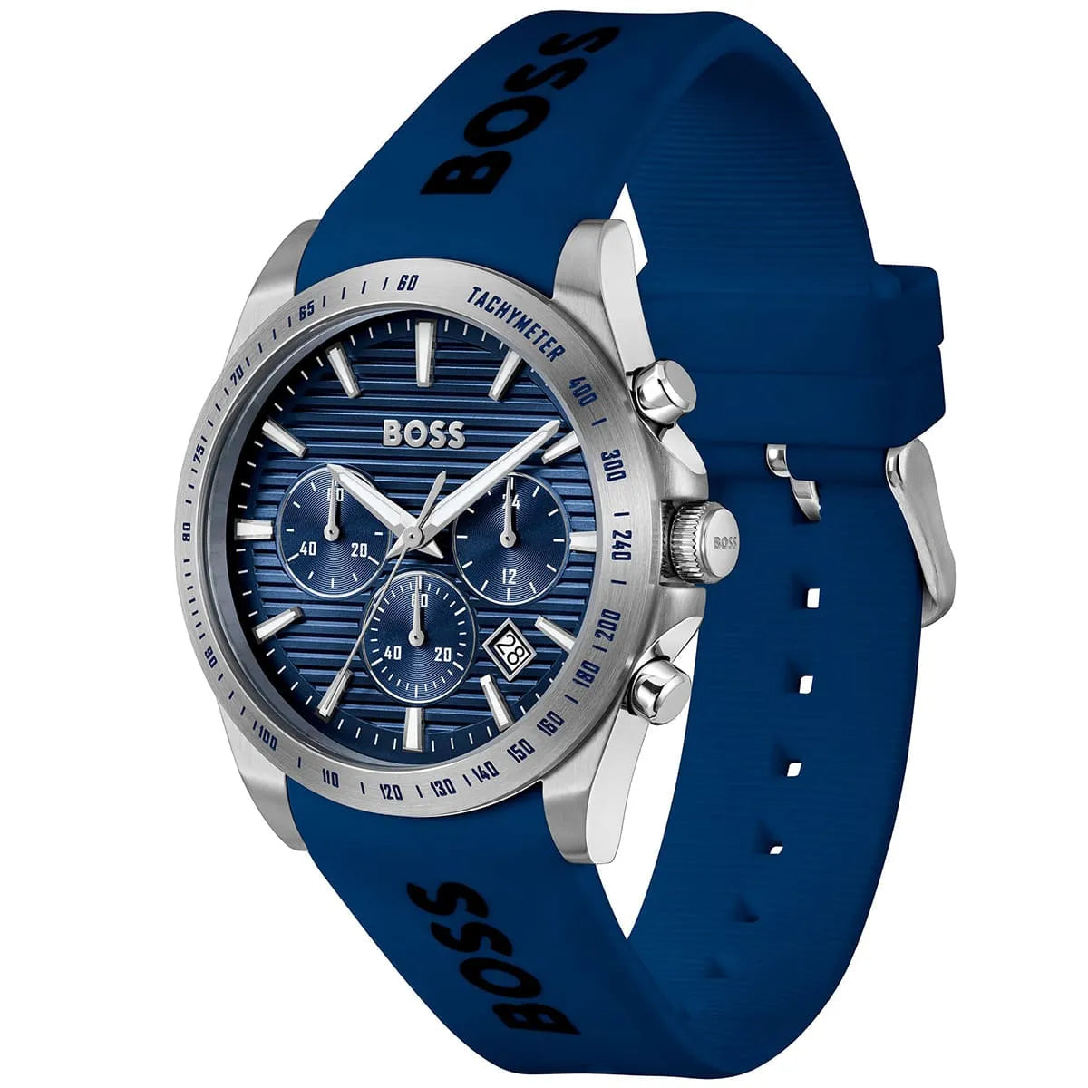 BOSS men's watch at angle showing blue silicone strap and stainless steel case