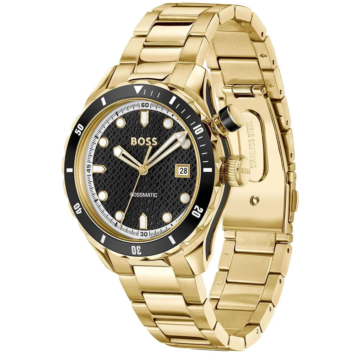 BOSS Bossmatic watch angled view showing gold bracelet strap and black dial with date window