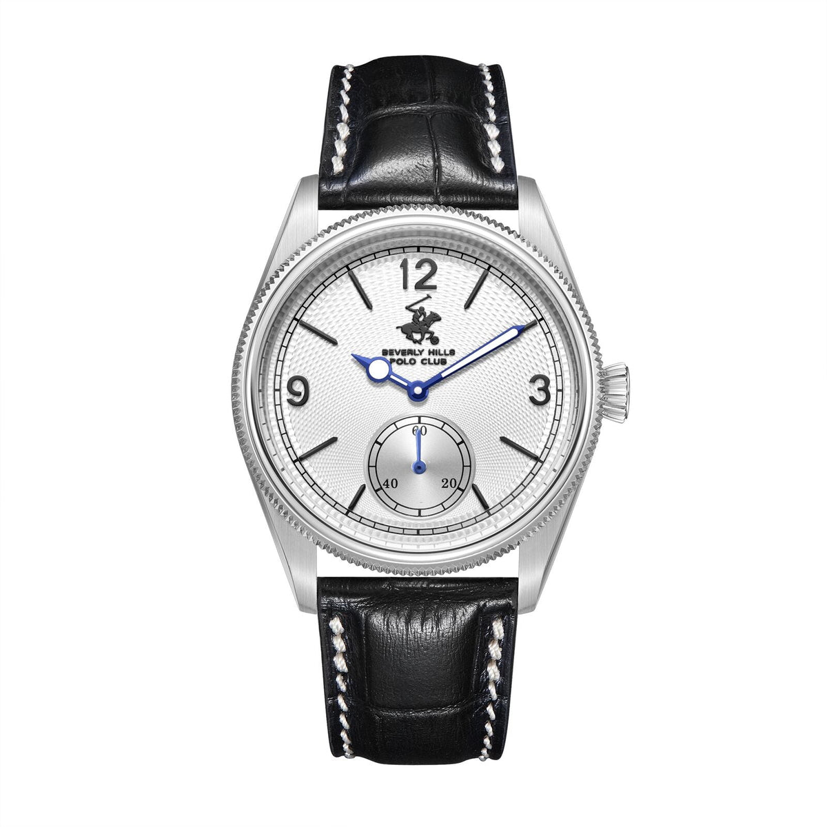 Beverly Hills Polo Club silver stainless steel watch with white dial and black leather strap