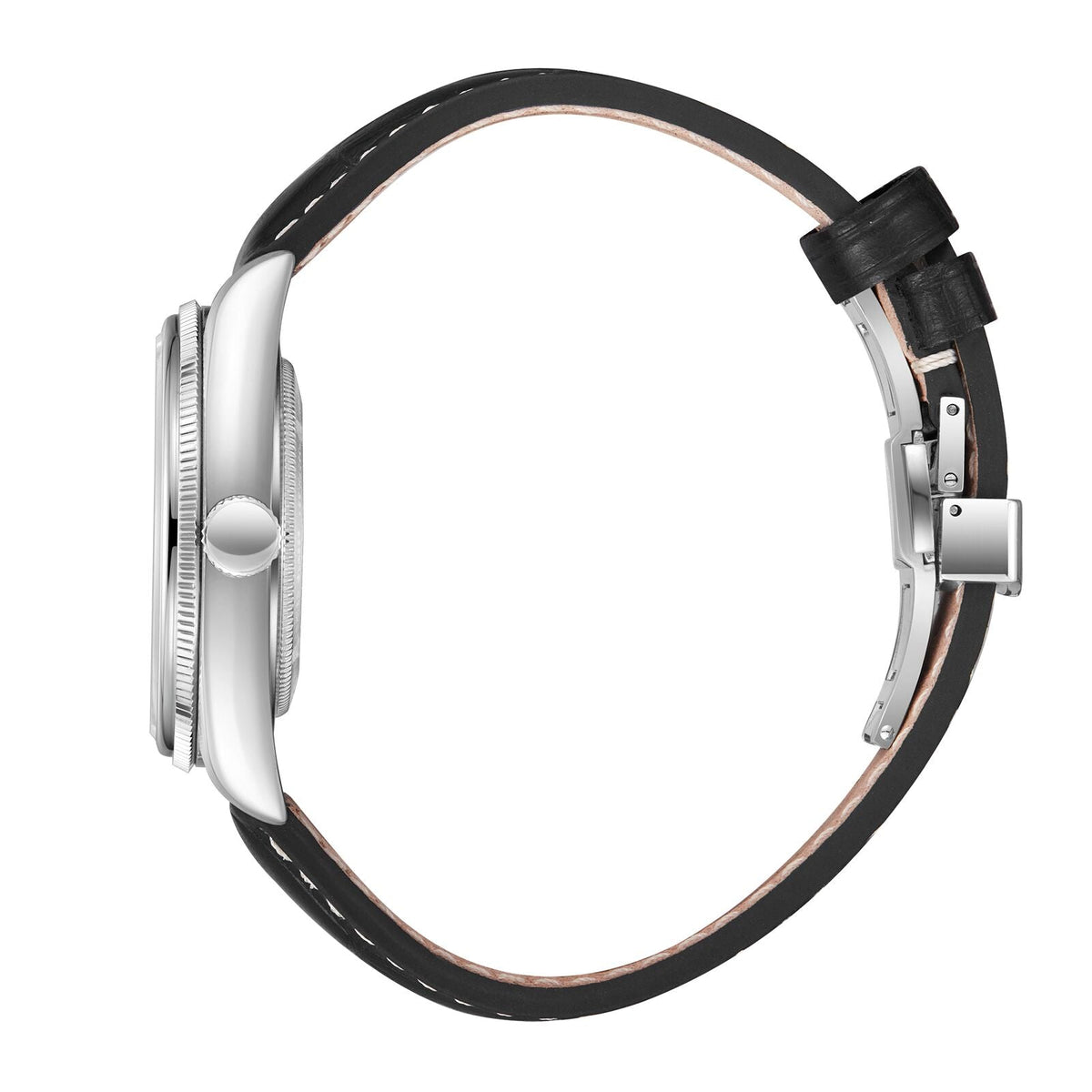 Beverly Hills Polo Club watch side view showing silver case and black leather strap with white stitching