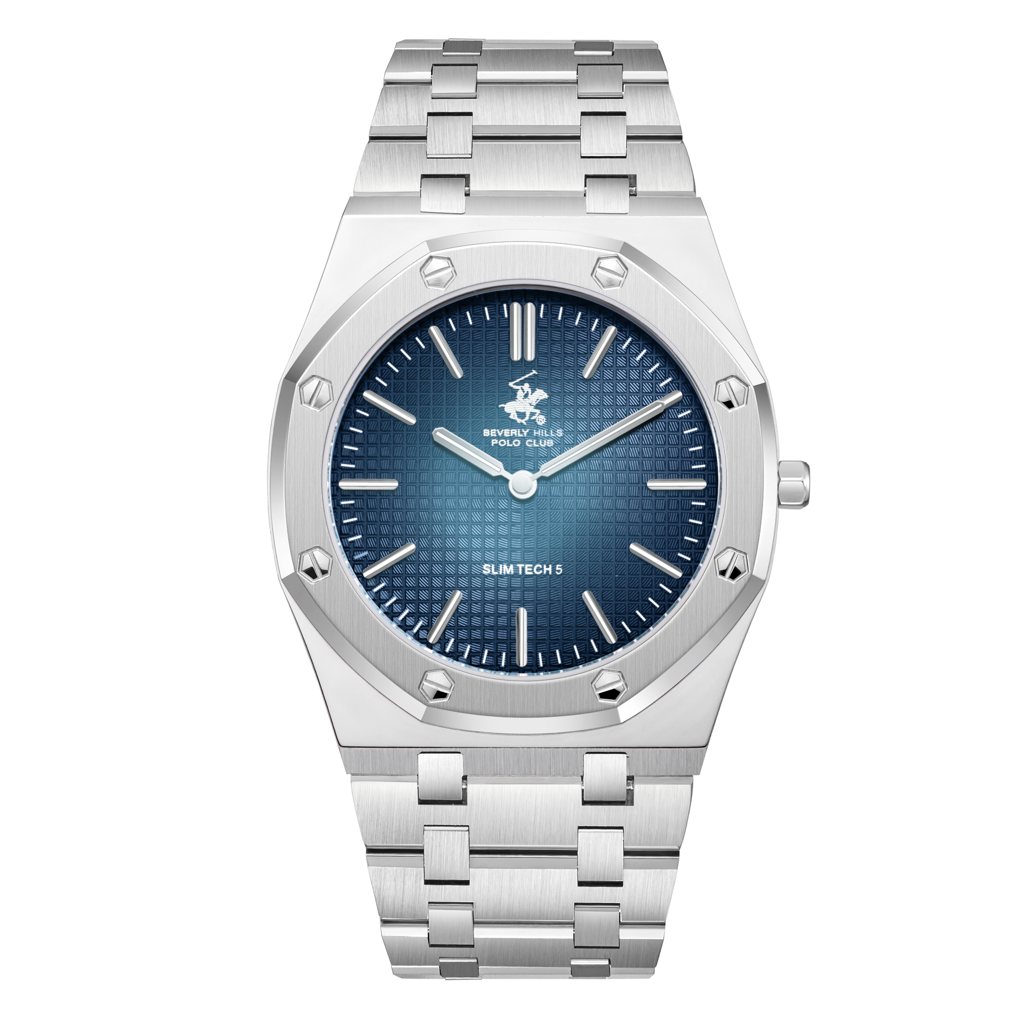 Beverly Hills Polo Club Slim Tech 5 blue dial silver watch with link bracelet