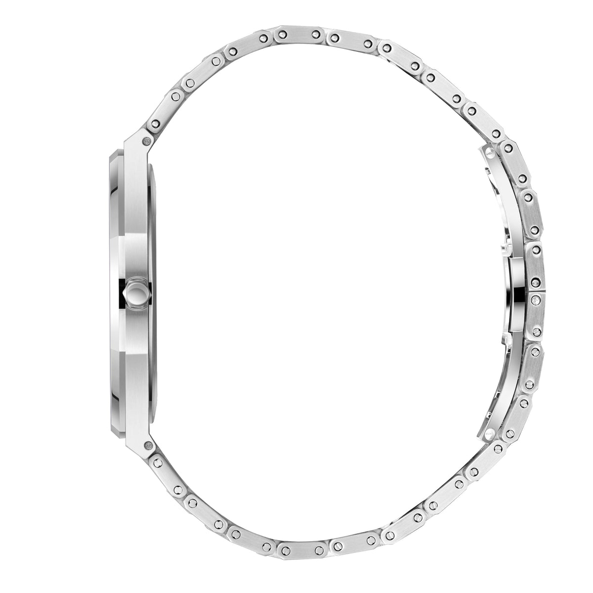 Beverly Hills Polo Club Slim Tech 5 silver watch bracelet side profile view showing band links