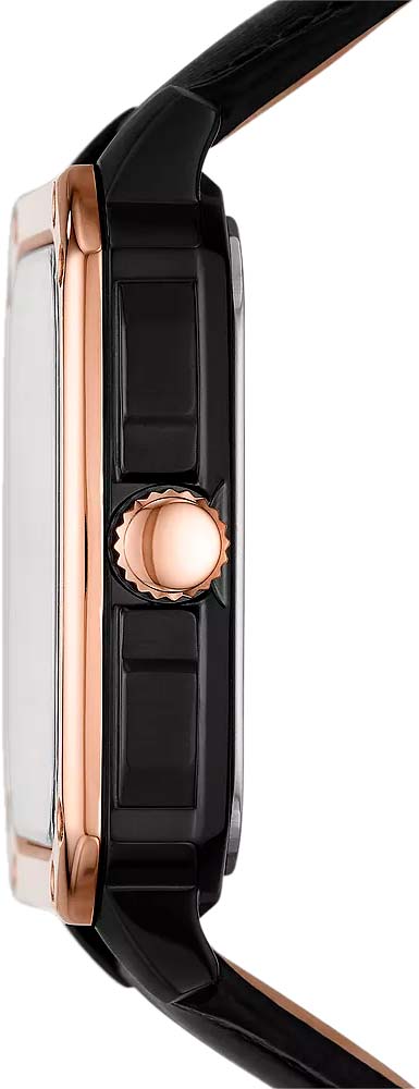 Angle view of Fossil Inscription watch crown and black leather strap