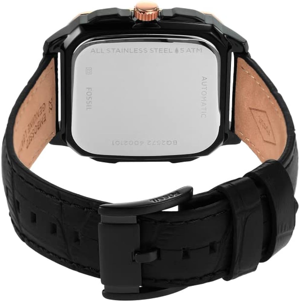 Caseback of Fossil Inscription automatic watch showing stainless steel case back