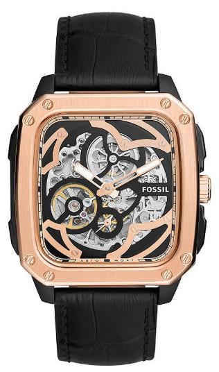 Fossil Inscription automatic watch with rose gold case, skeleton dial, and black leather strap